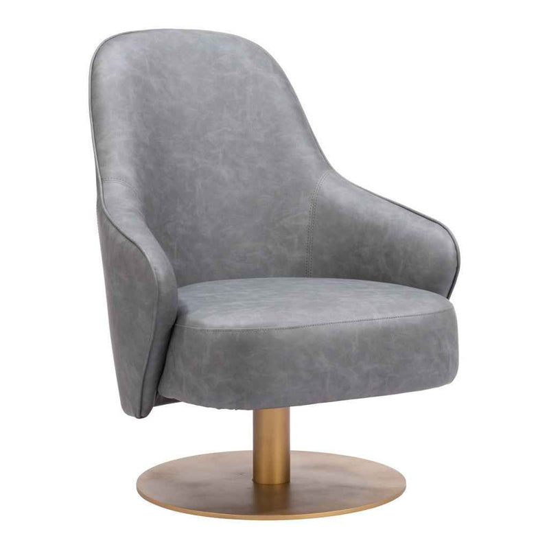 28" Gray And Gold Faux Leather And Faux Leather Swivel Arm Chair