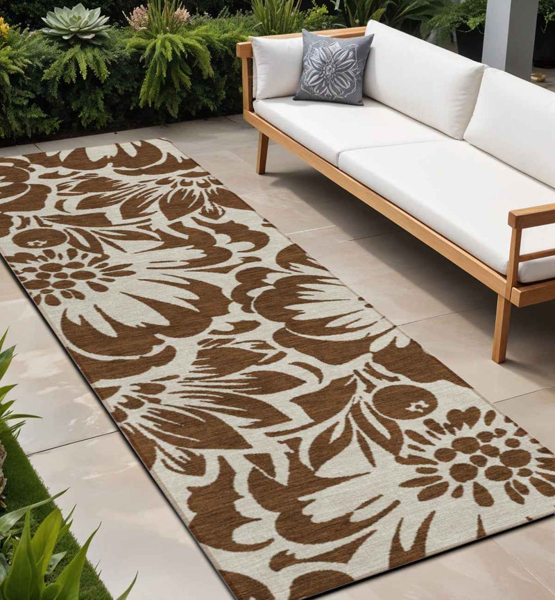 8' Brown And Ivory Floral Washable Indoor Outdoor Runner Rug
