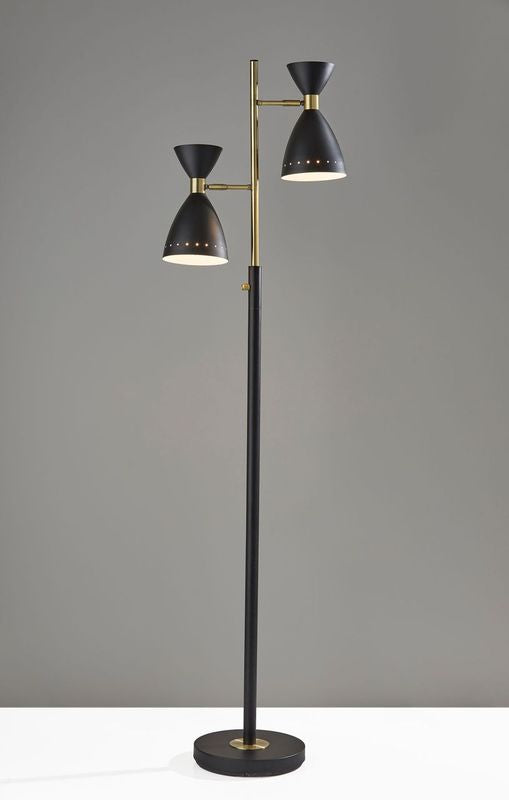 68" Black And Gold Metal Two Light Task Floor Lamp With Black Metal Cone Shade - Lighting