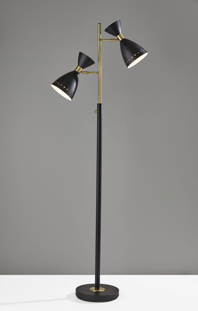 68" Black And Gold Metal Two Light Task Floor Lamp With Black Metal Cone Shade - Lighting