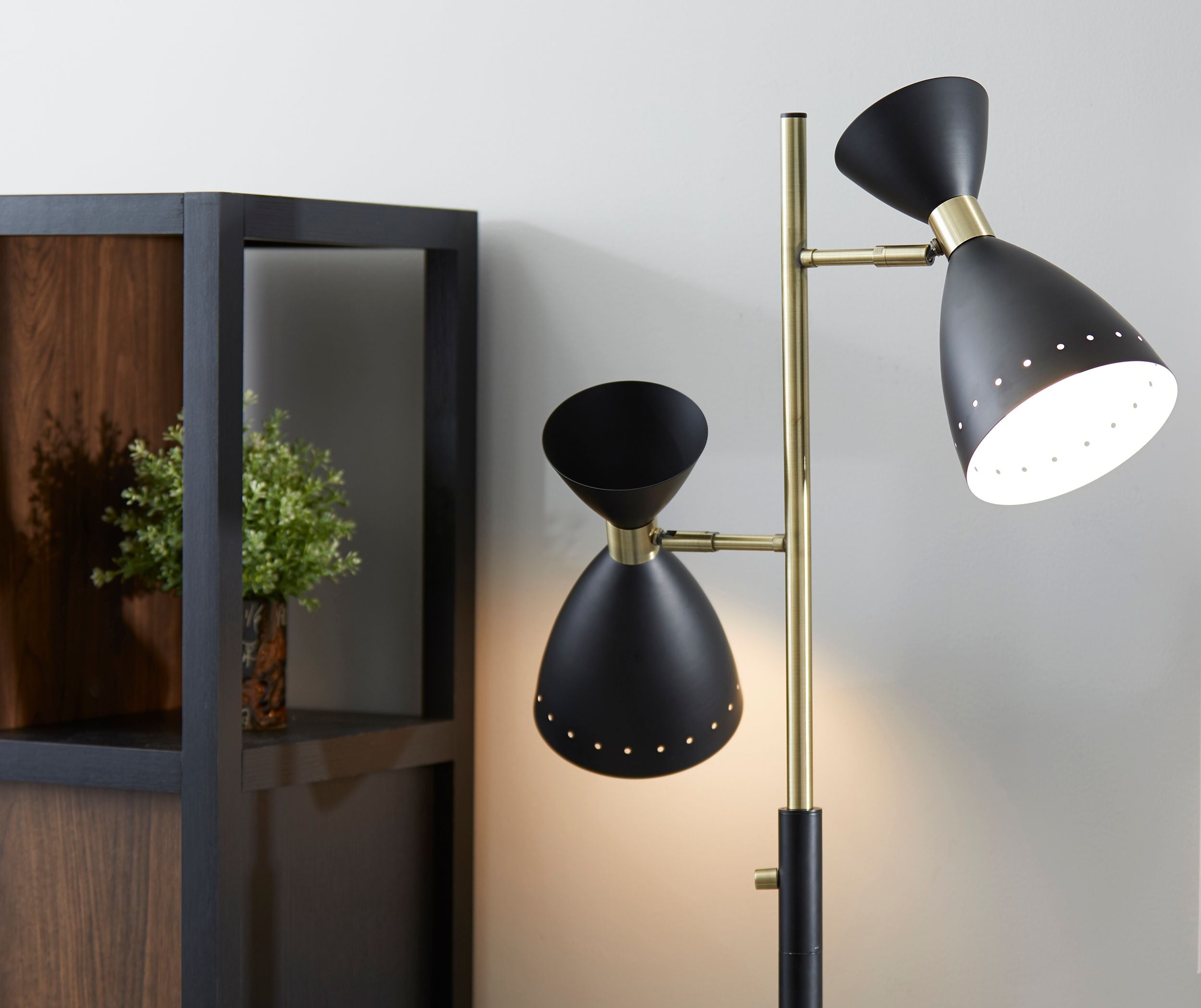 68" Black And Gold Metal Two Light Task Floor Lamp With Black Metal Cone Shade - Lighting