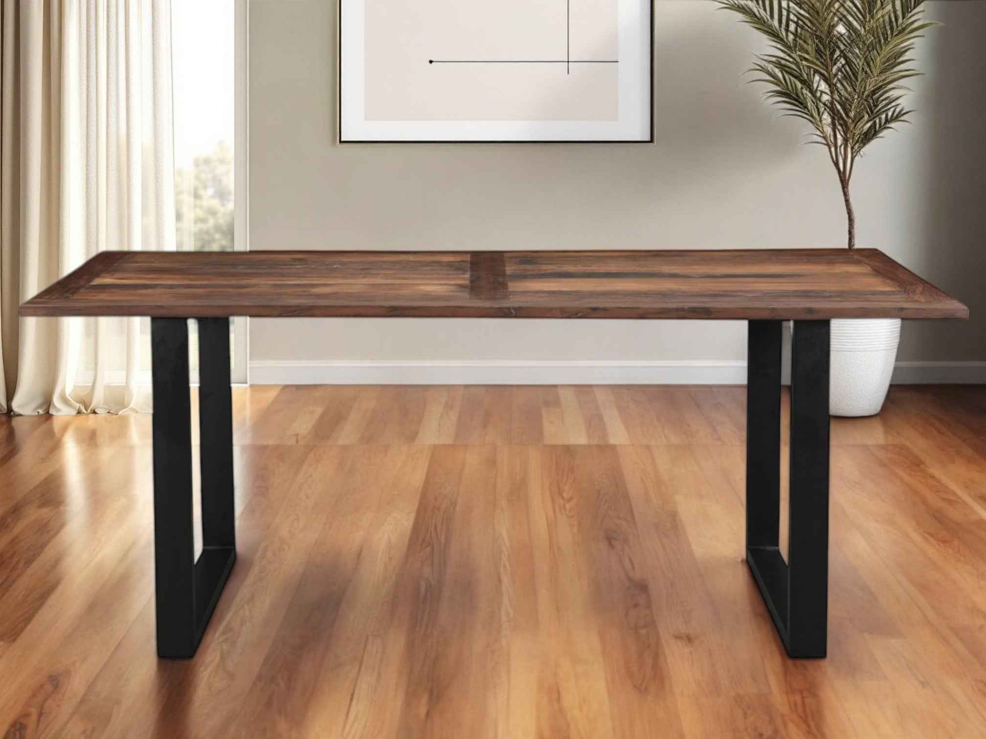 78" Dark Brown And Black Solid Wood Sled Base Dining Table