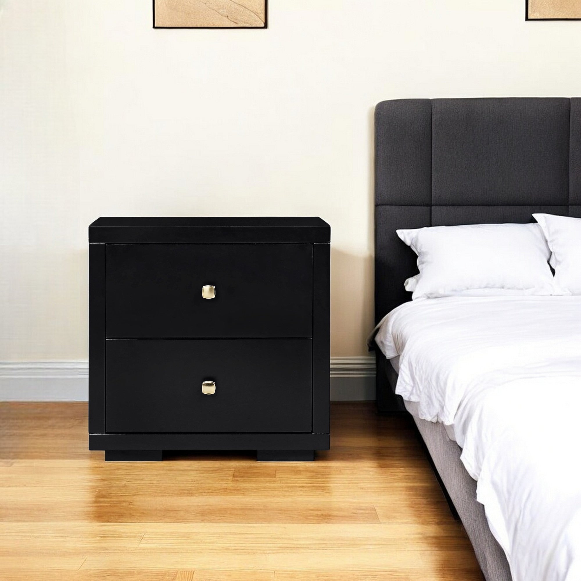 19" Black Solid and Manufactured Wood Two Drawer Nightstand - Bed & Bath