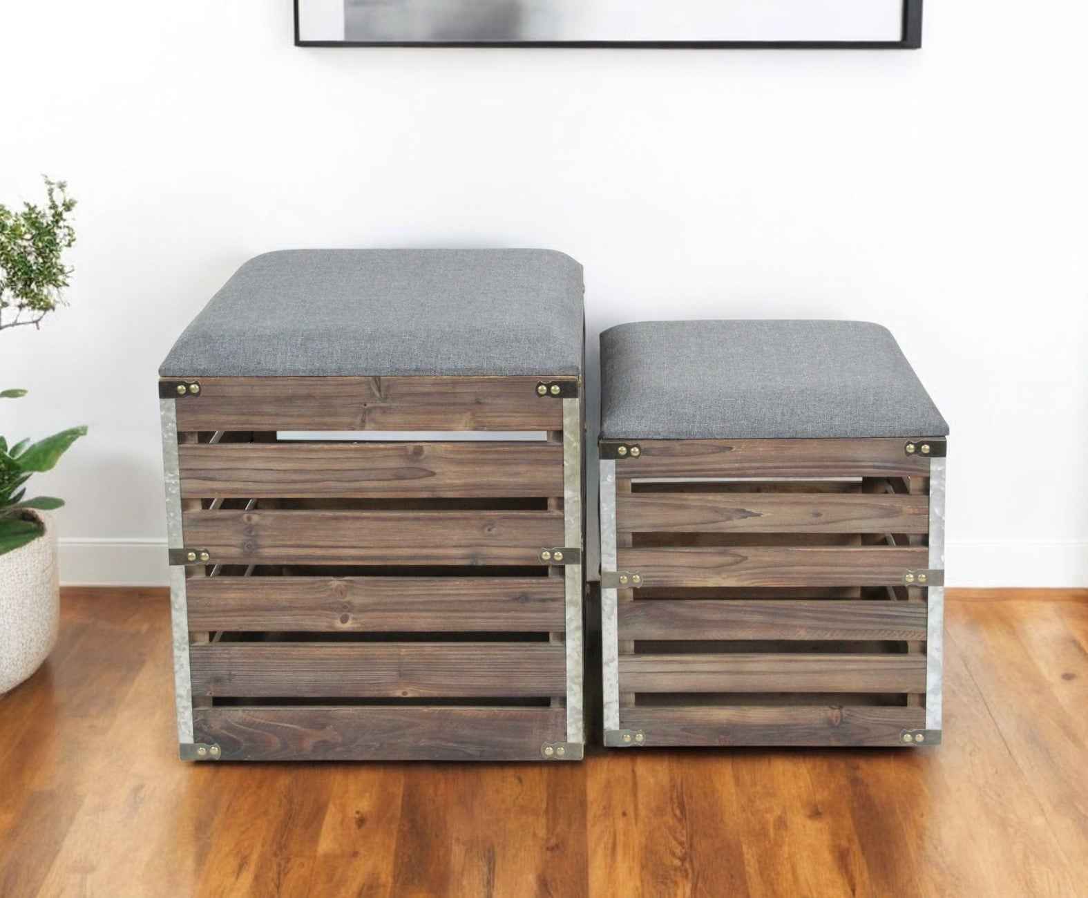 Set Of 2 Square Gray Linen Fabric And Wood Slats Storage Benches