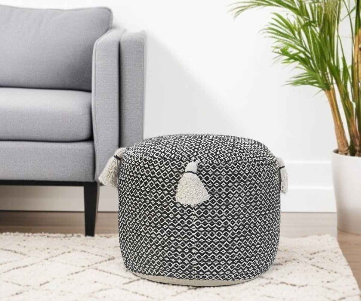 18" Black Cotton Cylinder Geometric Pouf Ottoman