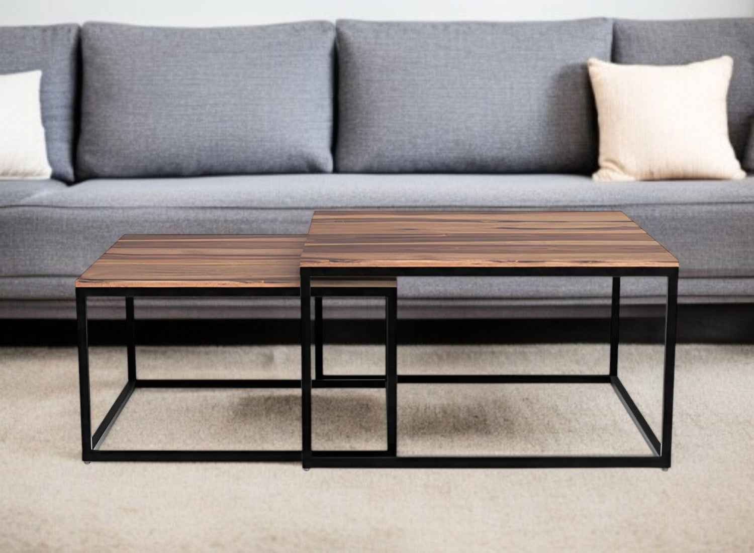 30" Brown And Black Solid Wood And Iron Square Coffee Table