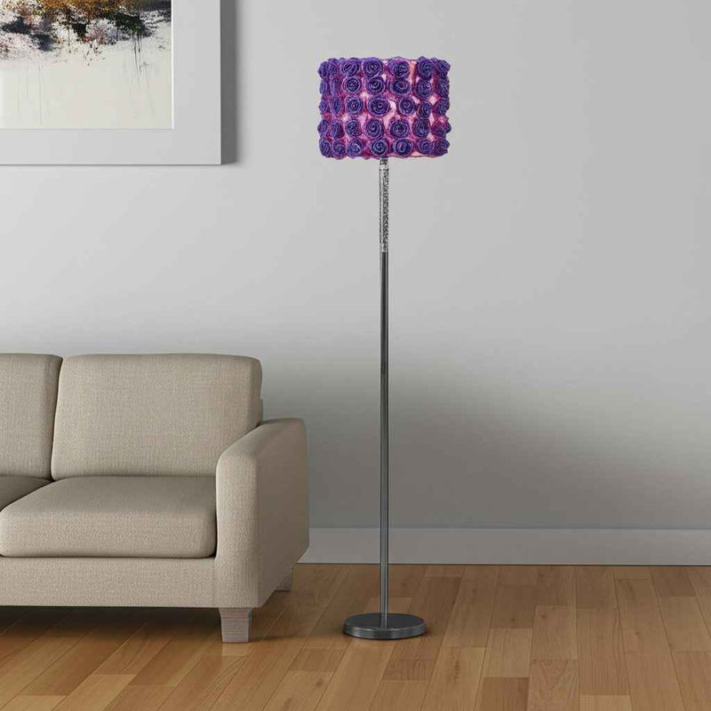 63" Steel and Acrylic Floor Lamp With Purple Flowers Fabric Drum Shade