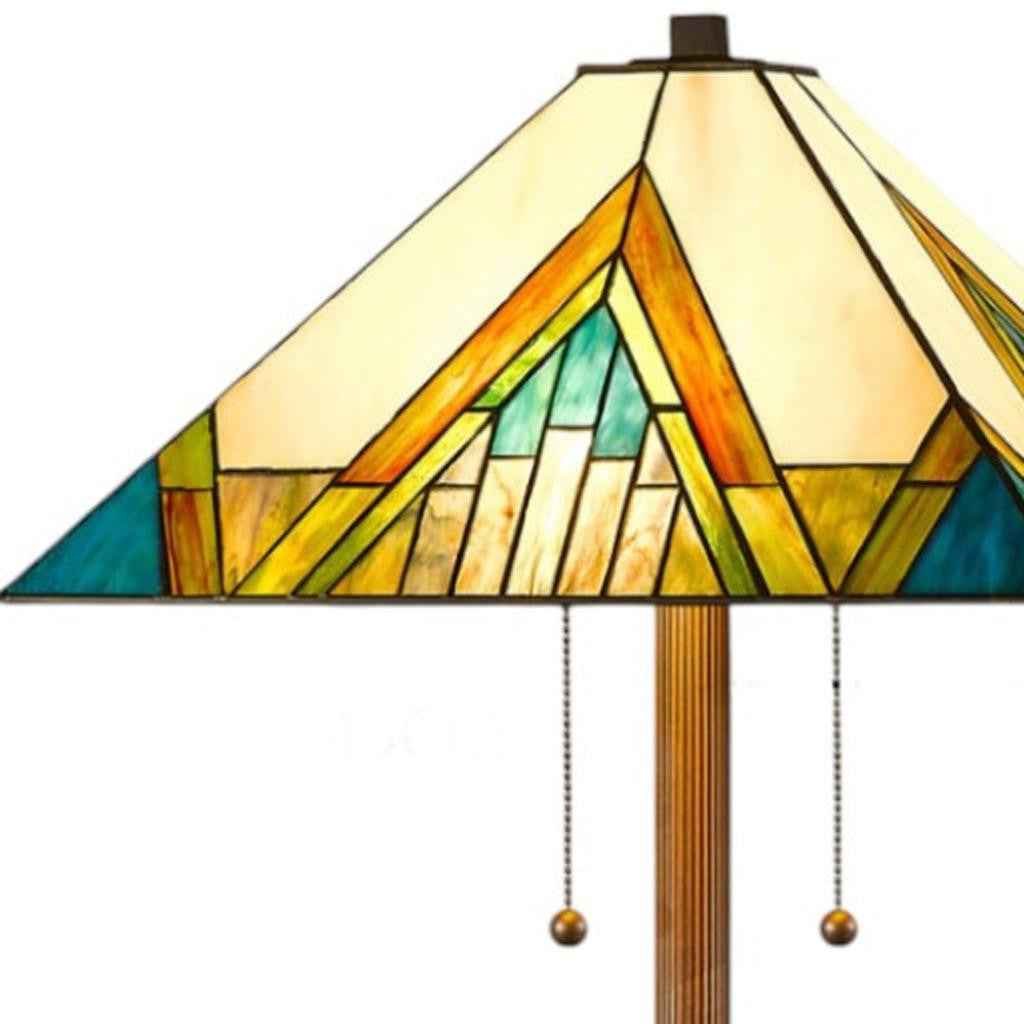 62" Two Light Tiffany Style Floor Lamp With Amber Blue And Green Stained Glass Shade