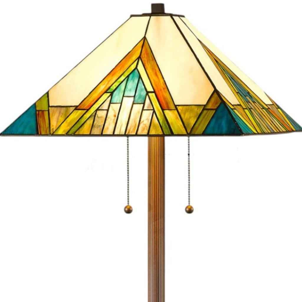 62" Two Light Tiffany Style Floor Lamp With Amber Blue And Green Stained Glass Shade