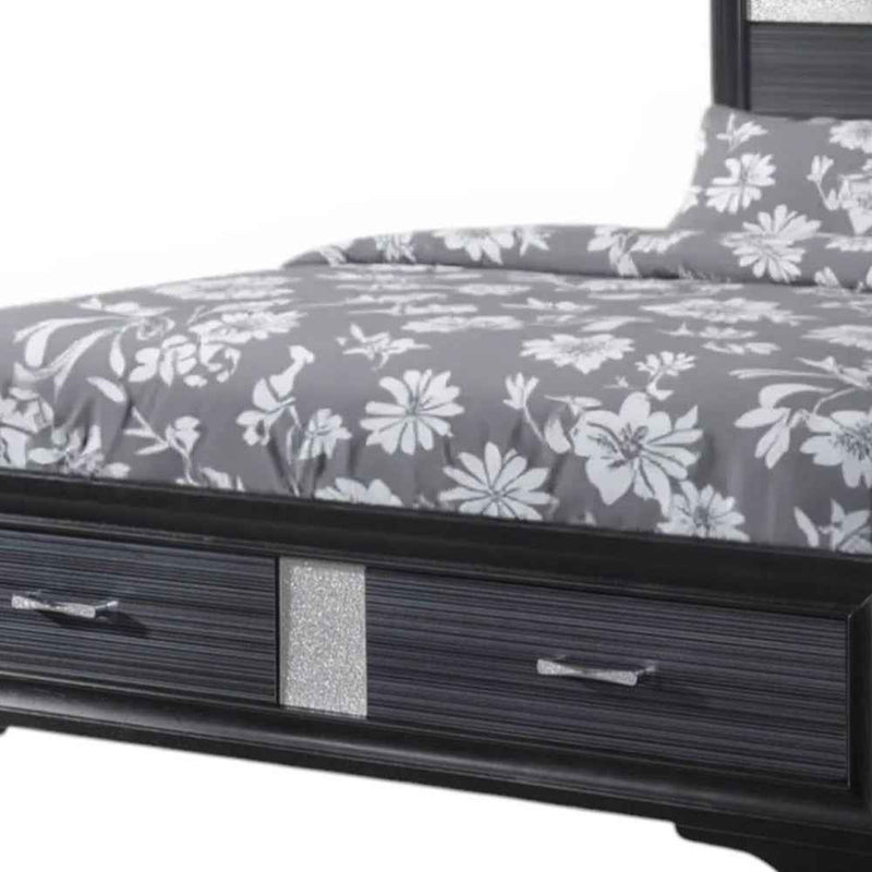 Black Gray and Silver Faux Crystal Bling Wood King Bed Frame With Two Drawers