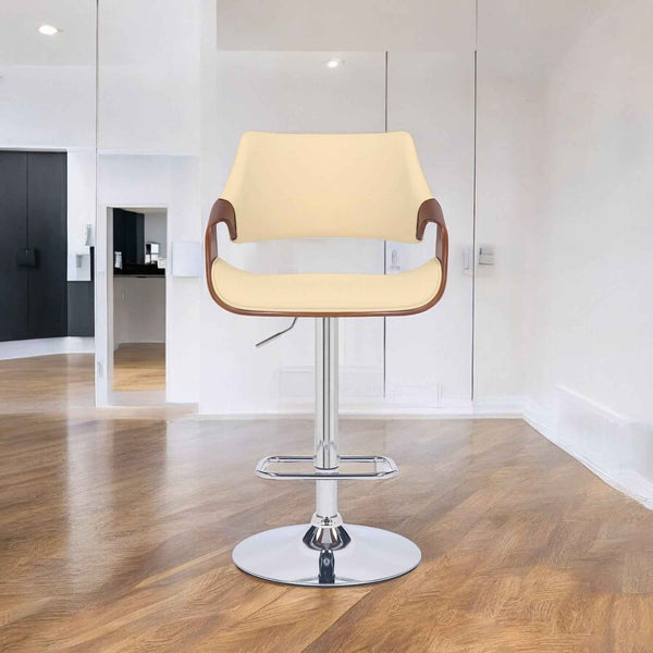 Cream and Silver Faux Leather Iron And Wood Adjustable Height Swivel Bar Chair