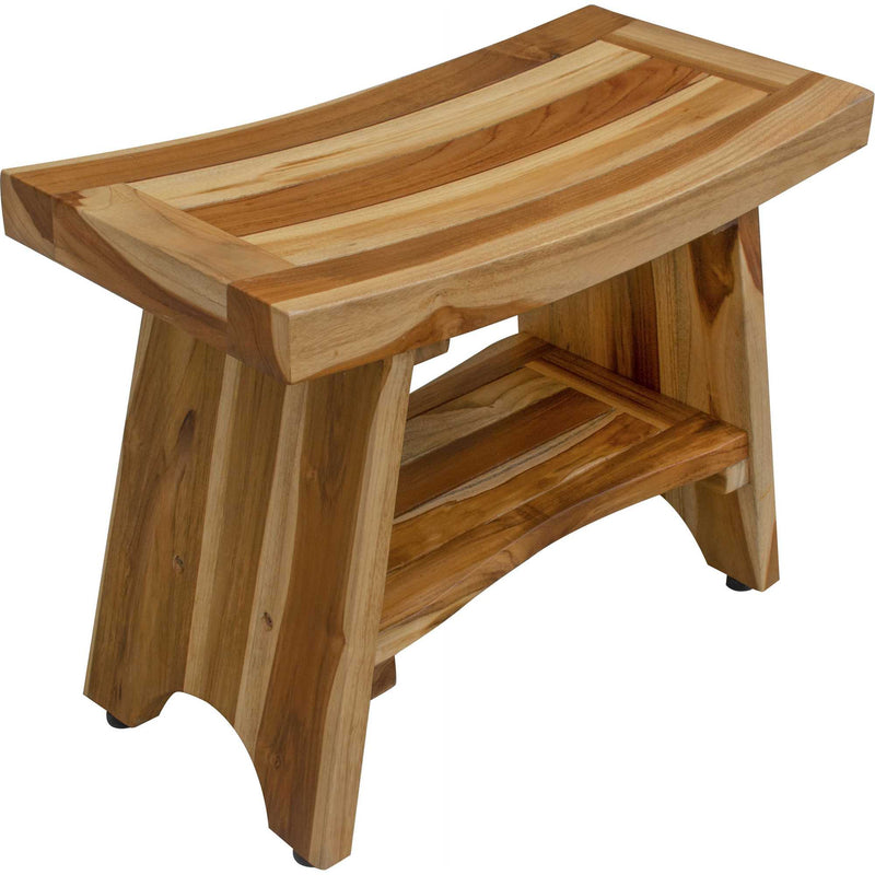 Natural teak shower bench with built-in shelf, rectangular top and curved side supports