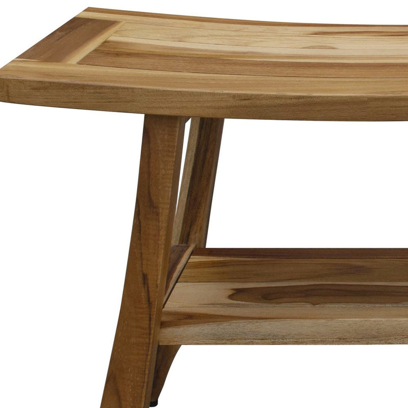 Teak shower bench leg and shelf detail, solid wood construction