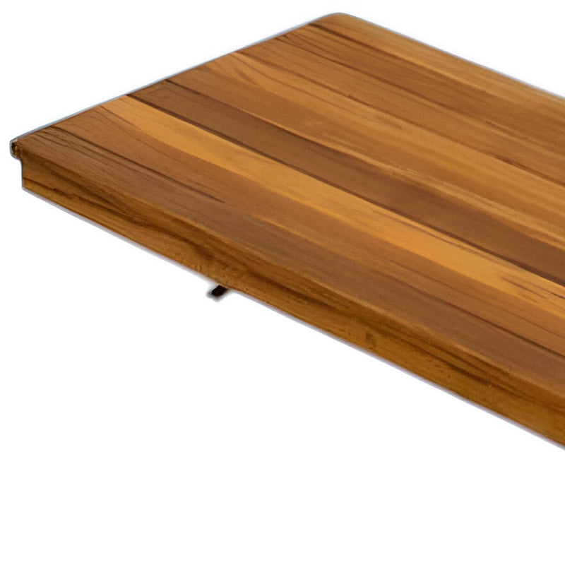 Teak wall-mounted shower bench with smooth beveled edges and slatted top
