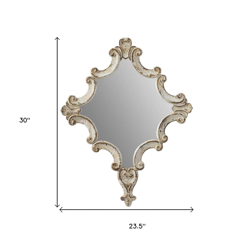 30-inch accent mirror with distressed white ornate wood frame, carved scrollwork