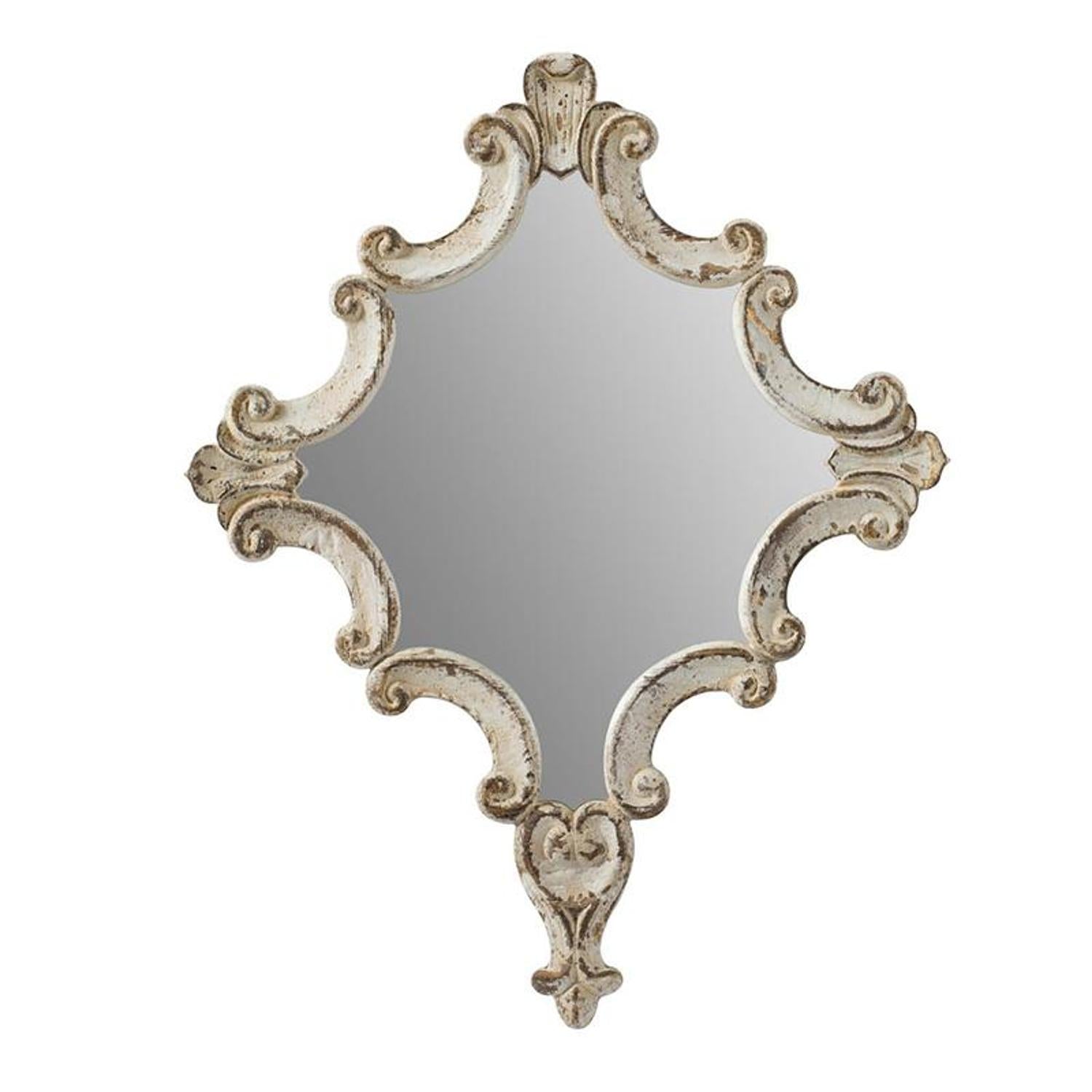 Accent mirror: distressed white ornate wood frame, carved scrollwork and fleur-de-lis