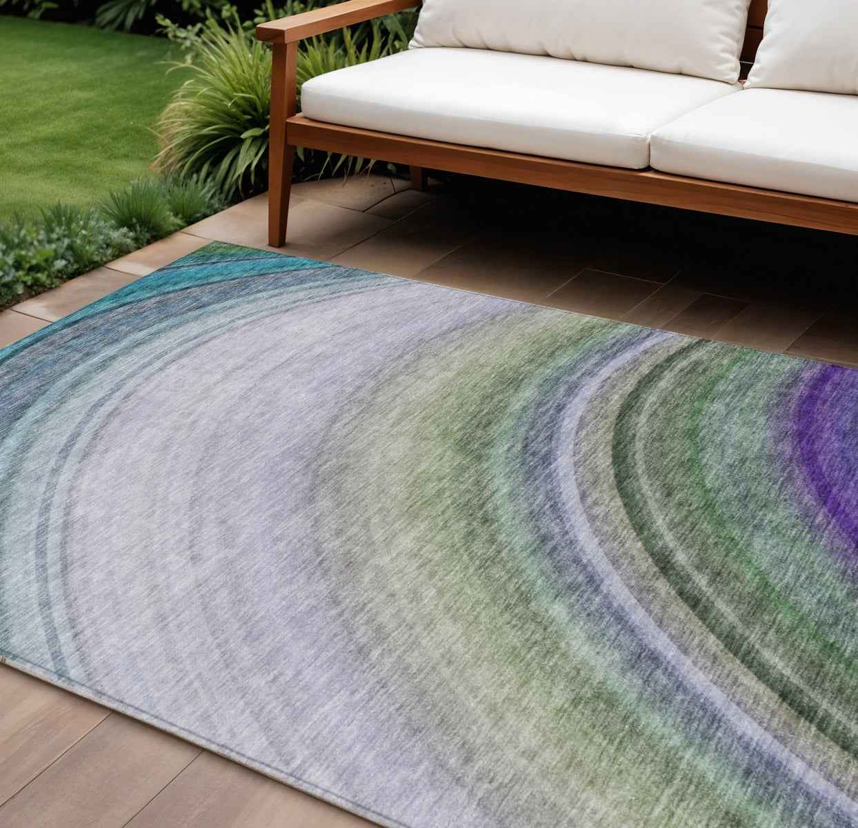 10' X 14' Teal Blue Artichoke Green And Green Abstract Washable Indoor Outdoor Area Rug