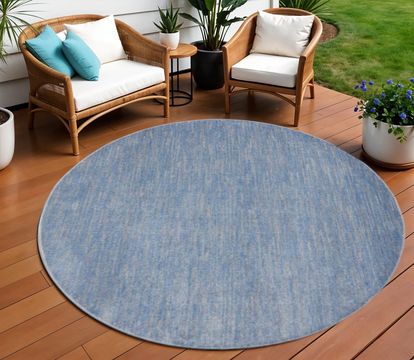 8' X 8' Blue And Gray Round Indoor Outdoor Area Rug - Outdoor