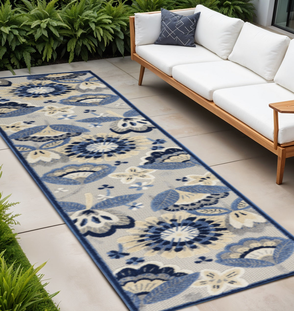 12' Blue And Gray Indoor Outdoor Runner Rug - Outdoor