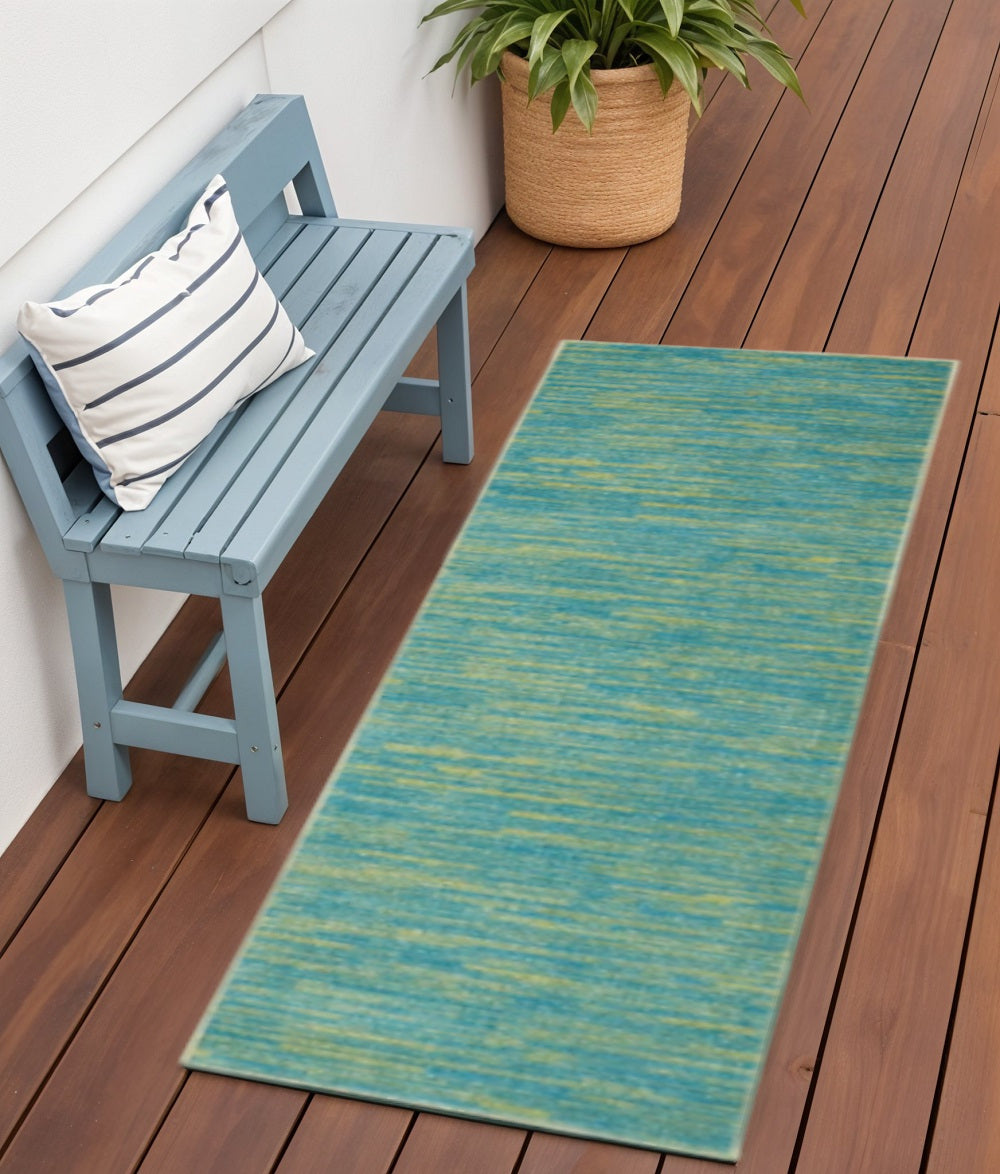 6' Blue And Green Indoor Outdoor Runner Rug - Outdoor
