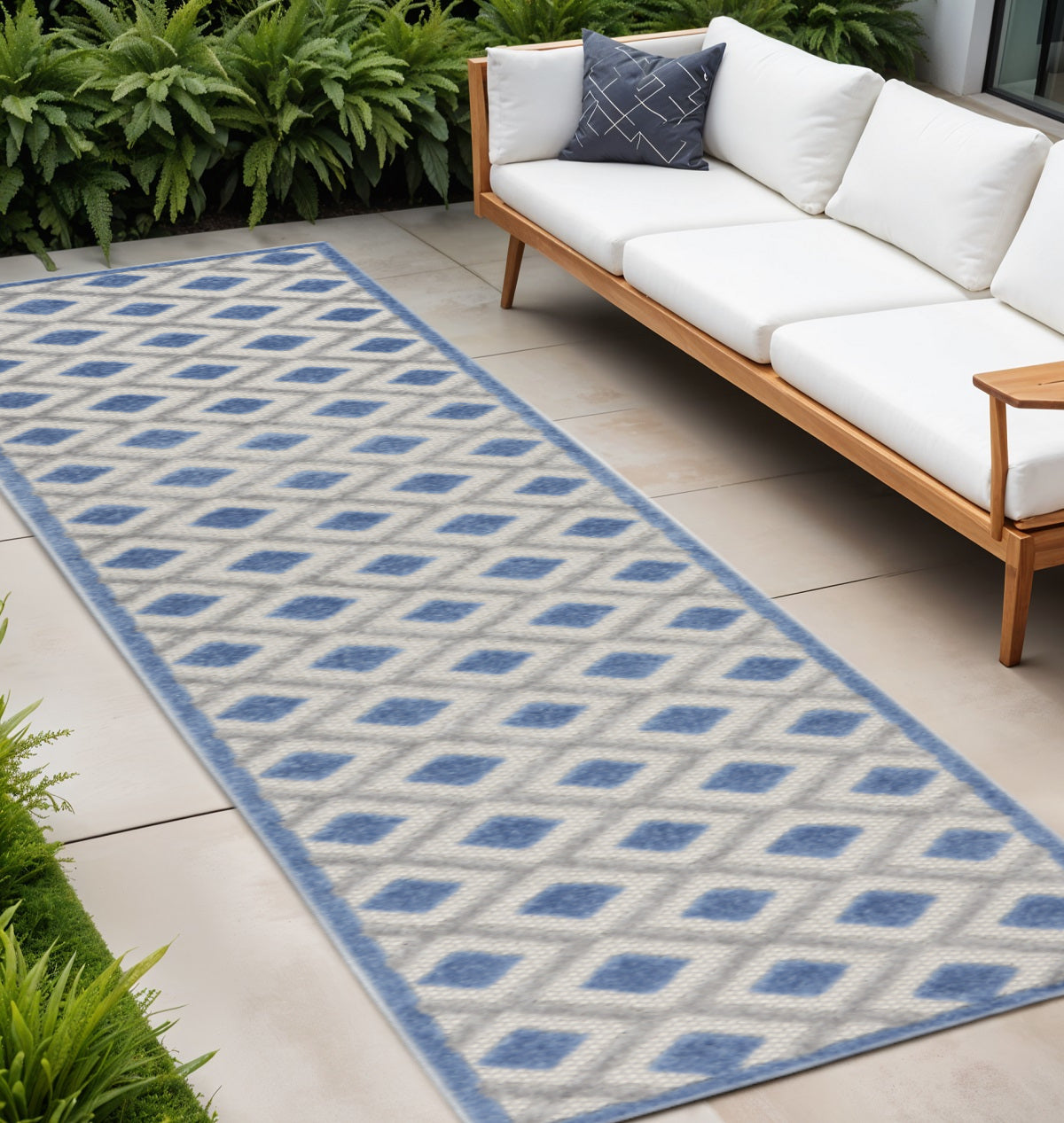 12' Blue And Gray Indoor Outdoor Runner Rug - Outdoor