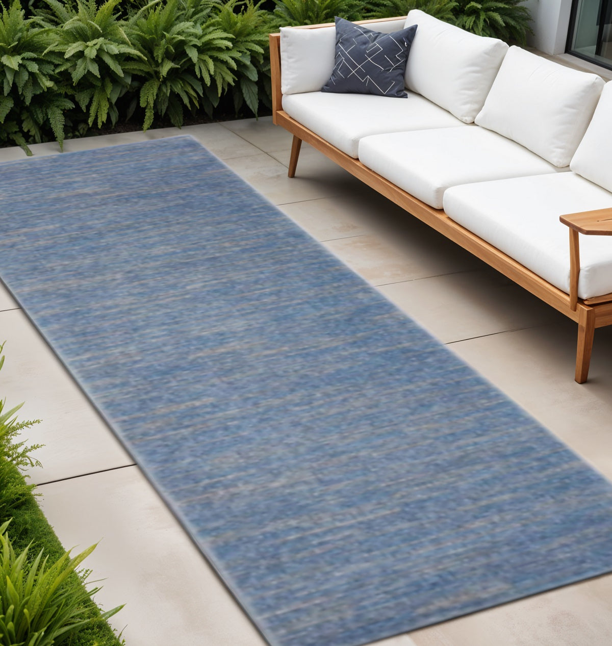 8' Blue And Gray Indoor Outdoor Runner Rug - Outdoor