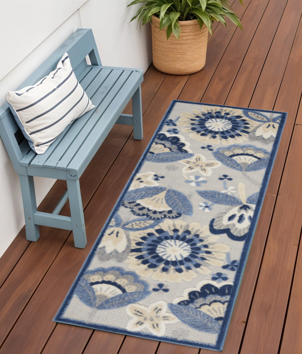 6' Blue And Gray Indoor Outdoor Runner Rug - Outdoor