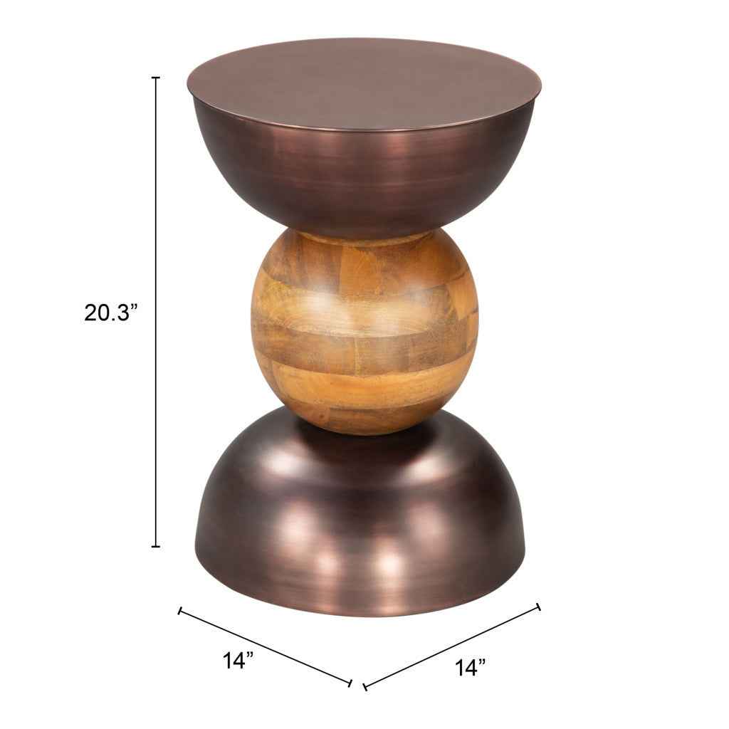 20" Bronze and Brown Iron and Solid Wood Round Pedestal End Table
