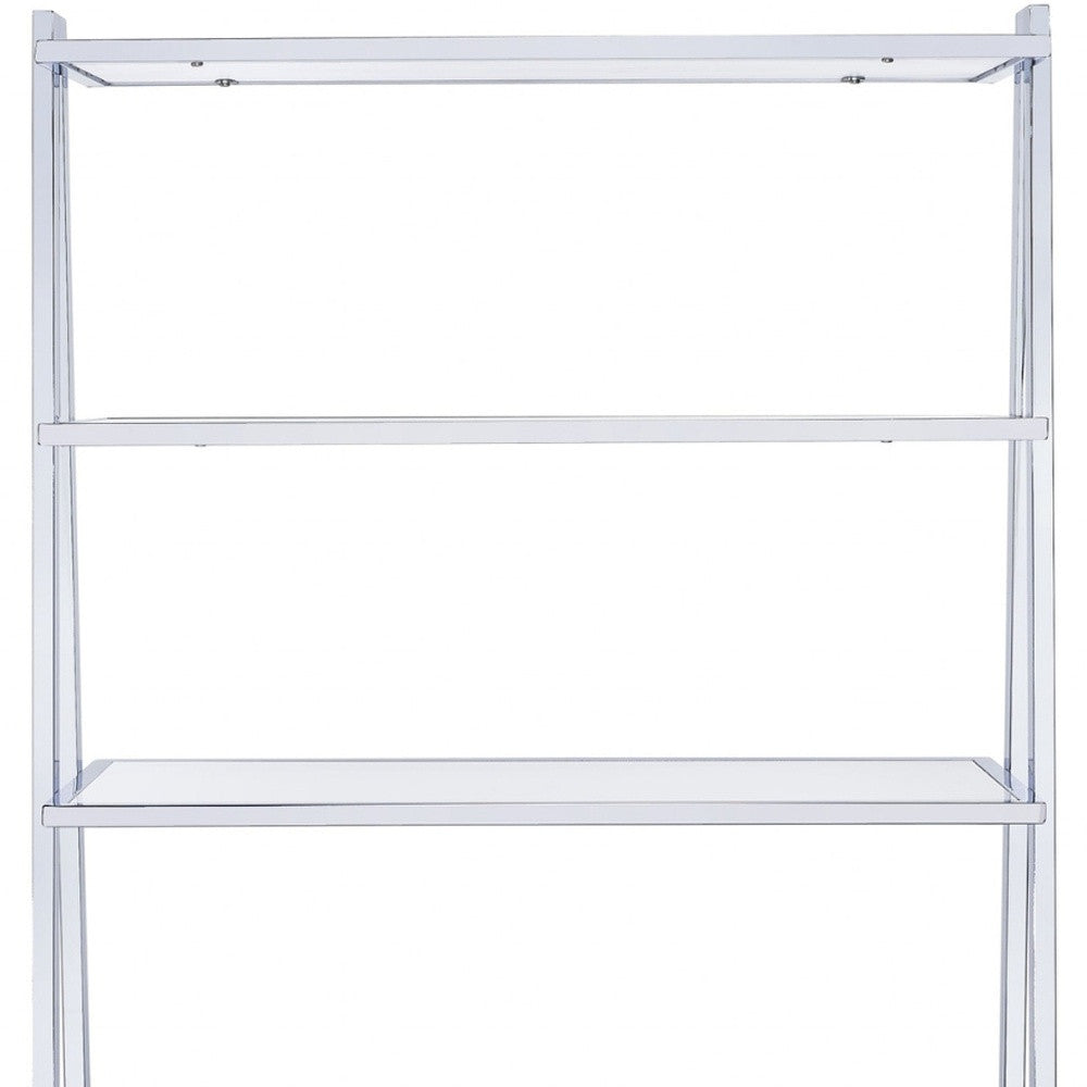 White And Silver Metal and Glass Five Tier Ladder Bookcase - Office