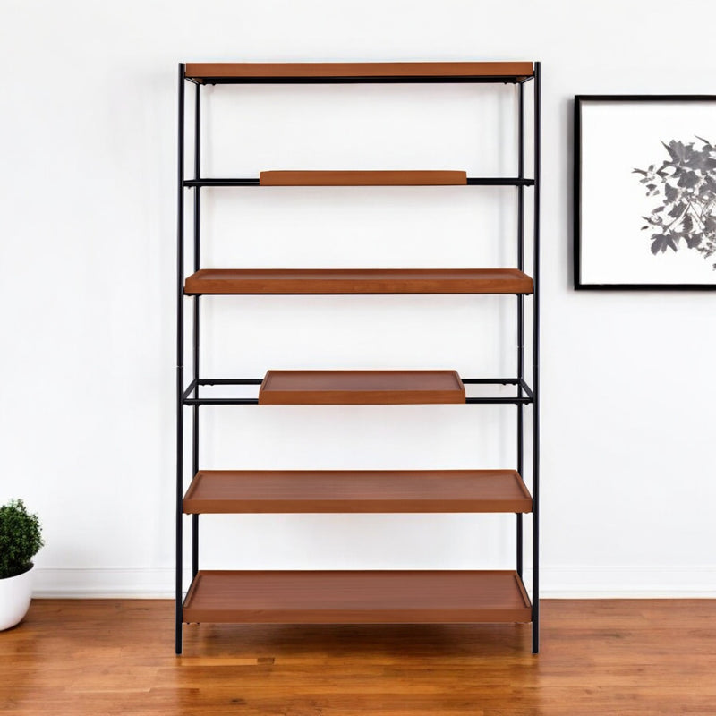 70" Oak And Black Metal and Wood Six Tier Etagere Bookcase - Office