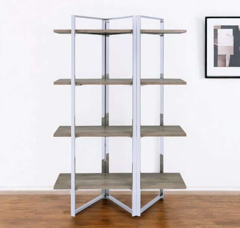 72" Natural And Silver Metal and Wood Four Tier Etagere Bookcase - Office