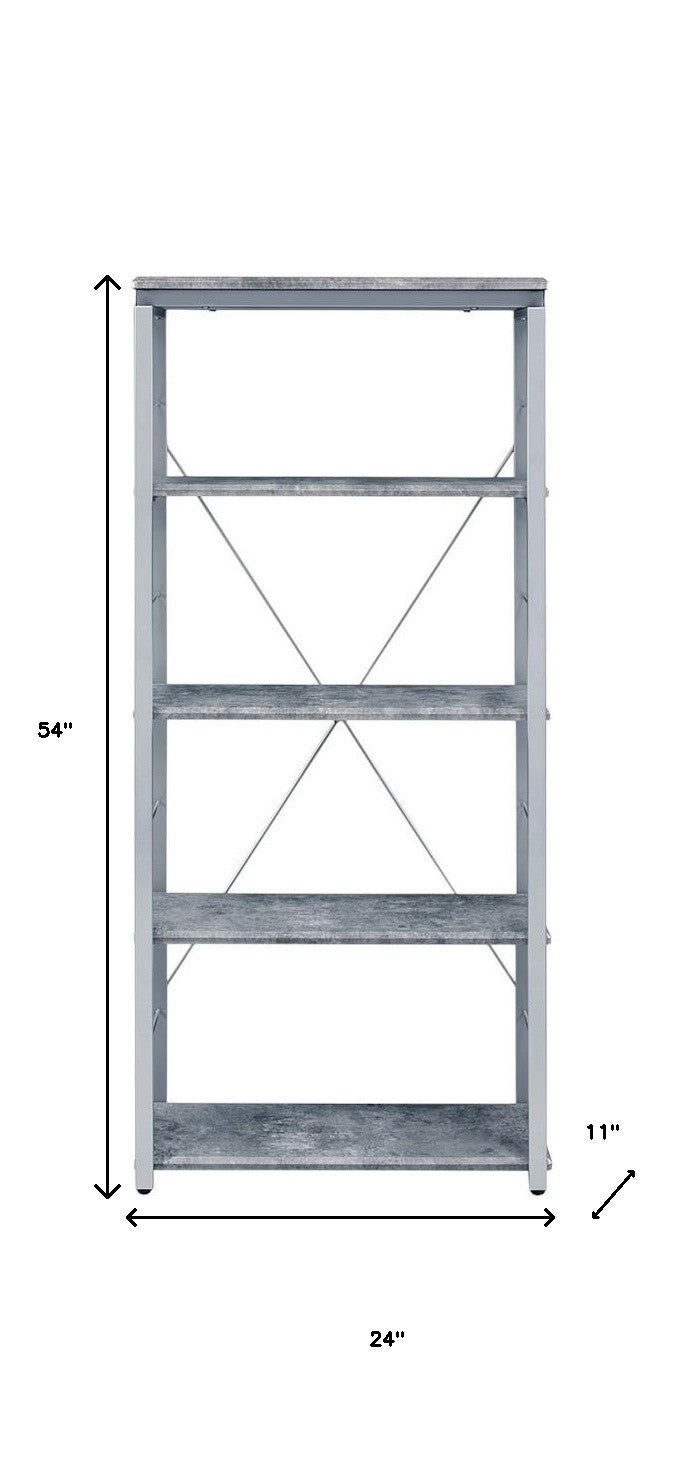 54" Gray And Silver Metal and Wood Four Tier Etagere Bookcase - Office