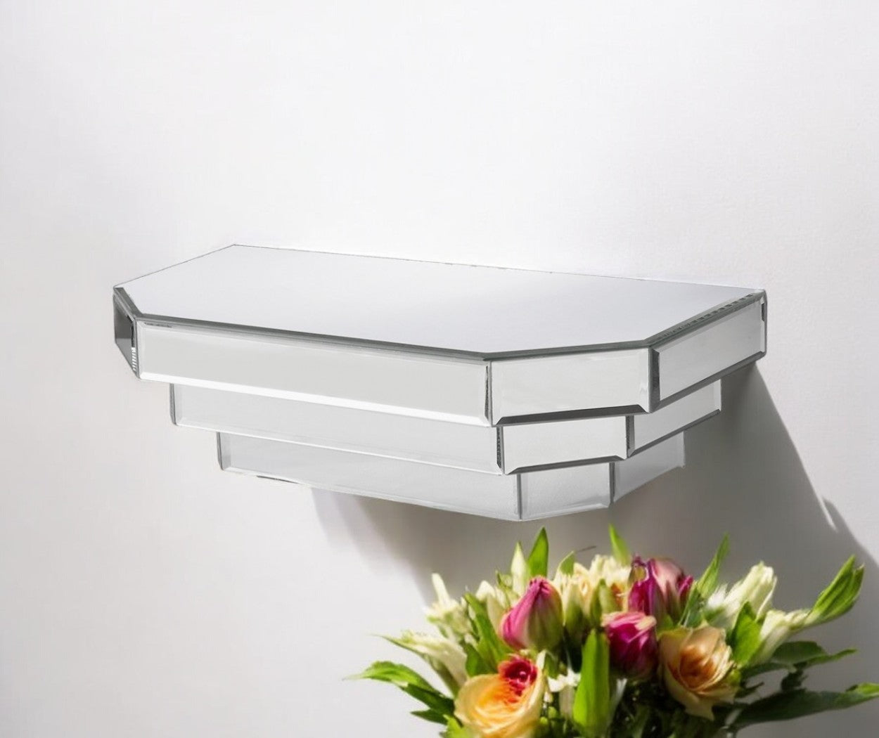 16" Silver Mirrored Glass Hanging Dimensional Floating Shelf