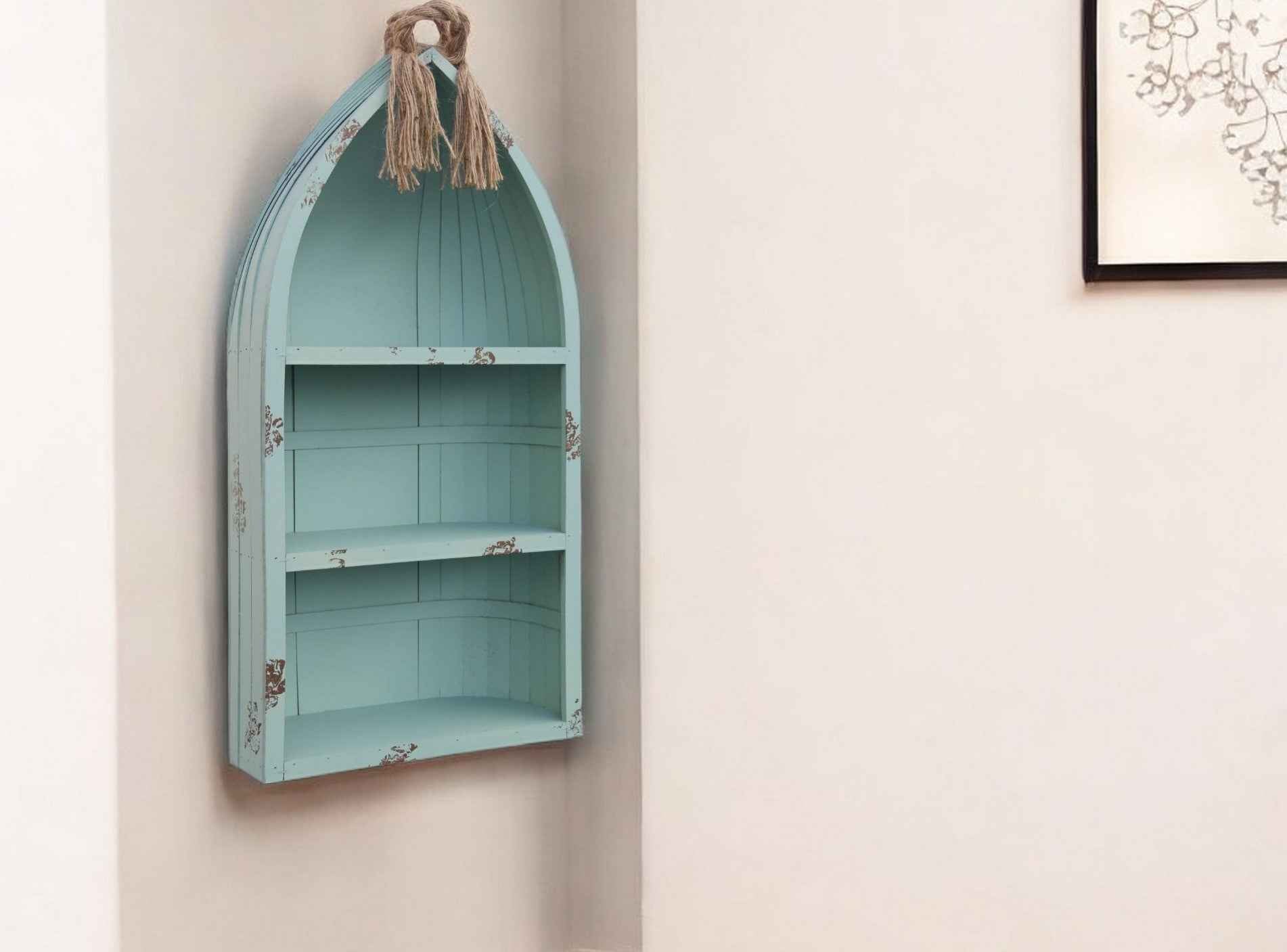 34" Aqua Blue Wood Canoe Hanging Shelf