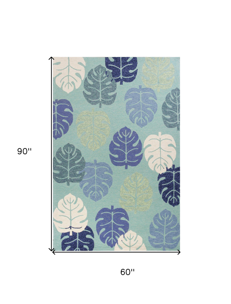 Leaf-pattern area rug with size markings: 60 in wide by 90 in tall