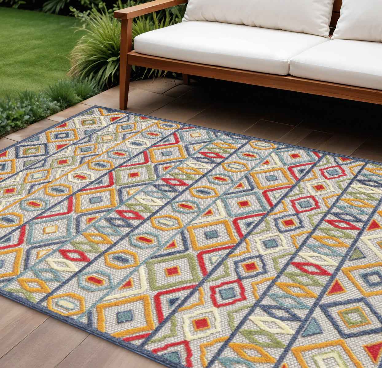 8' X 10' Ivory And Blue Southwestern Stain Resistant Indoor Outdoor Area Rug