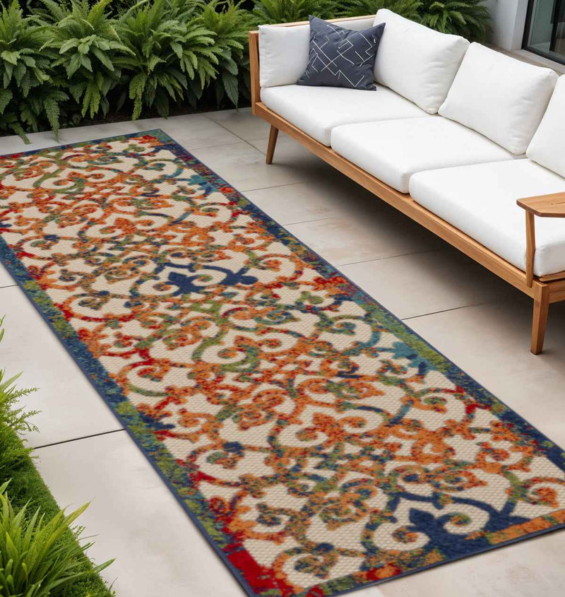12' Ivory And Blue Indoor Outdoor Runner Rug