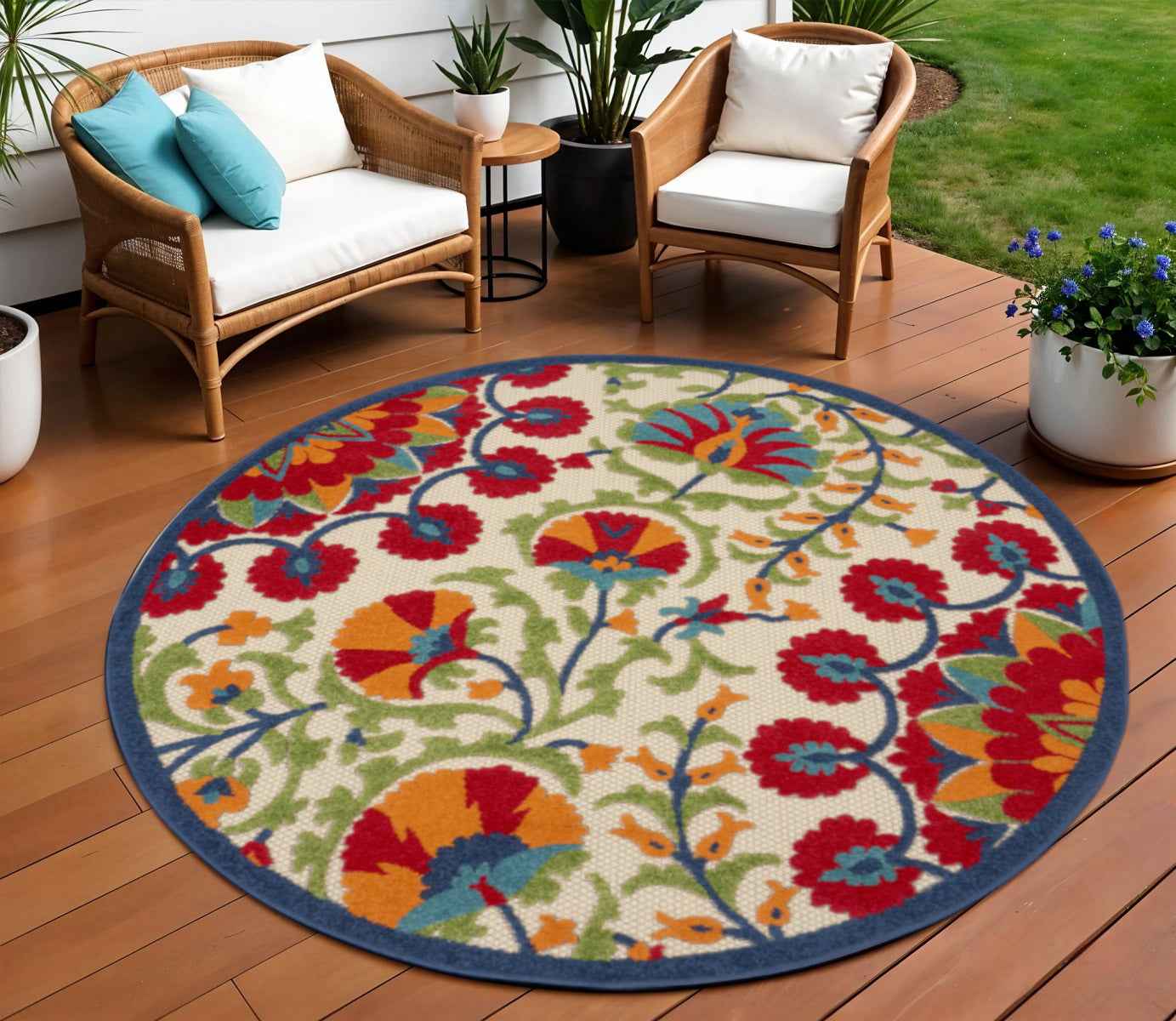 8' Red And Ivory Round Floral Indoor Outdoor Area Rug