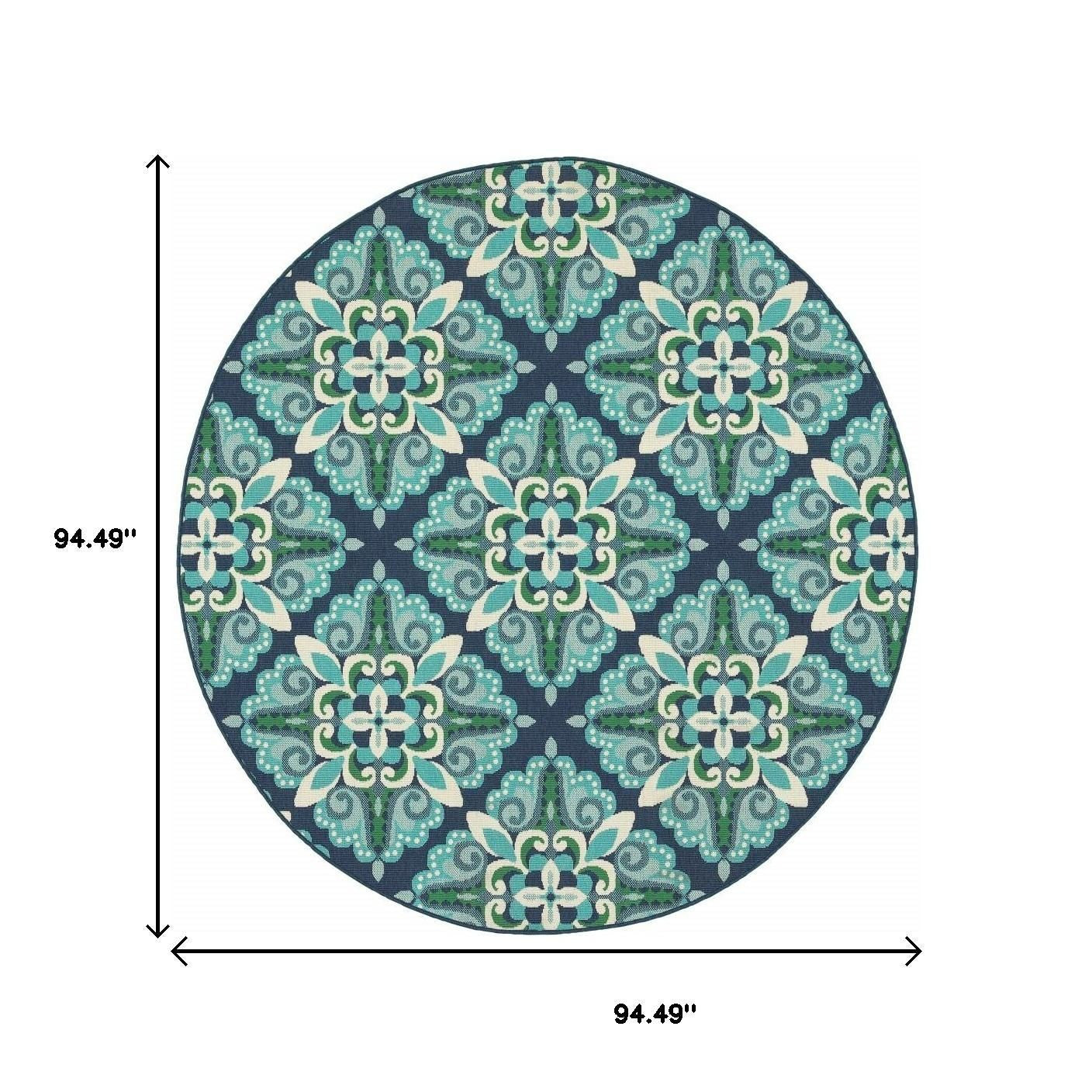 8' X 8' Blue And Green Round Indoor Outdoor Area Rug - Outdoor
