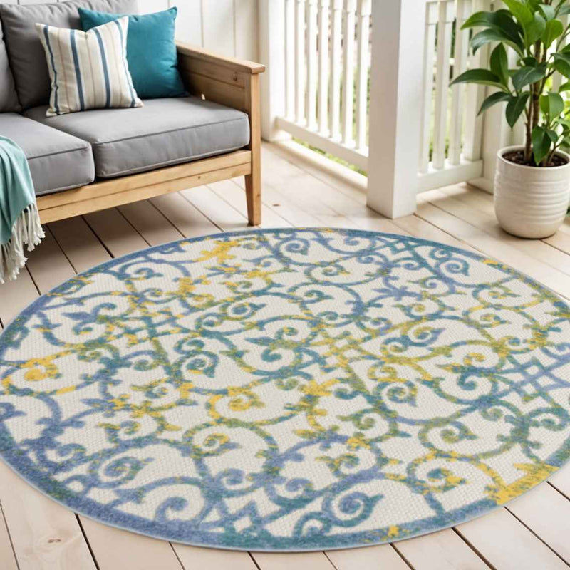 4' Ivory And Blue Round Indoor Outdoor Area Rug