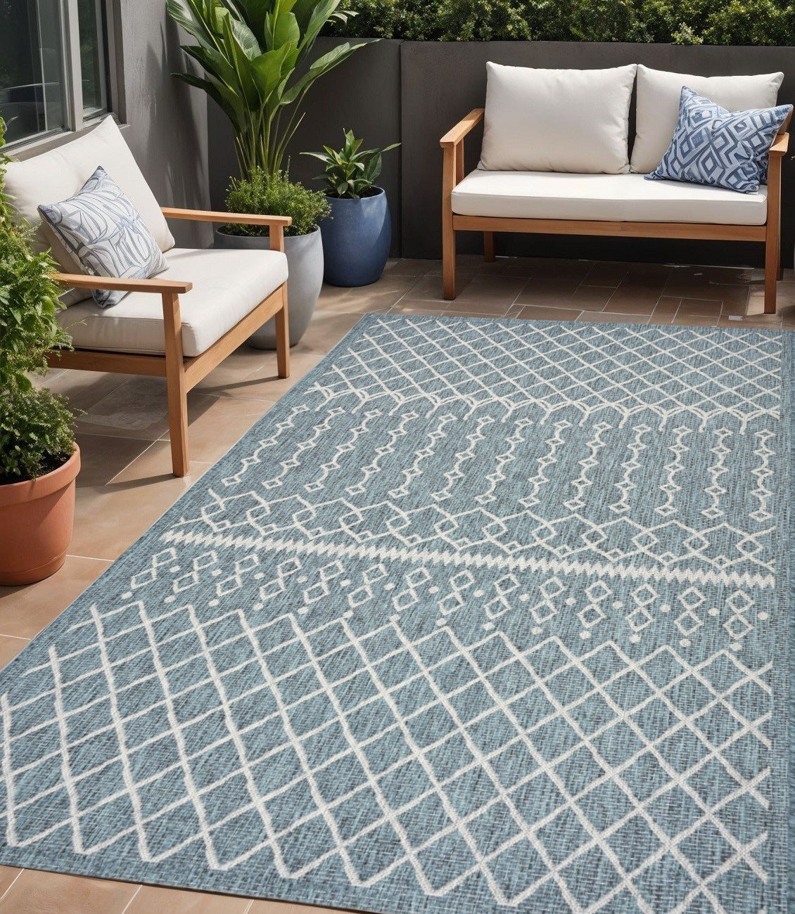 5' X 8' Blue And Gray Indoor Outdoor Area Rug - Outdoor
