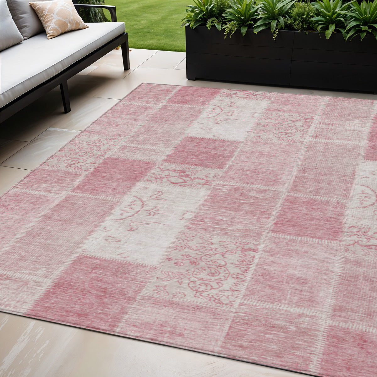 5' X 8' Pink Blush And Ivory Patchwork Washable Indoor Outdoor Area Rug - Sports & Outdoor