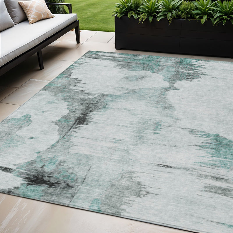 5' X 8' Teal Blue Silver And Gray Abstract Washable Indoor Outdoor Area Rug