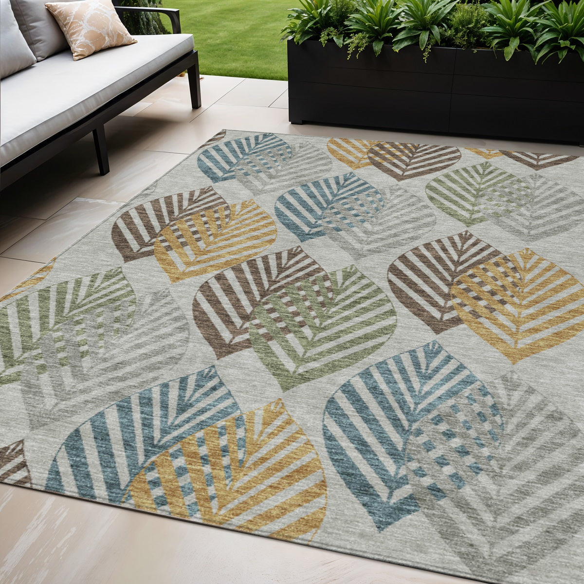 5' X 8' Gray Silver And Teal Blue Floral Washable Indoor Outdoor Area Rug - Sports & Outdoor