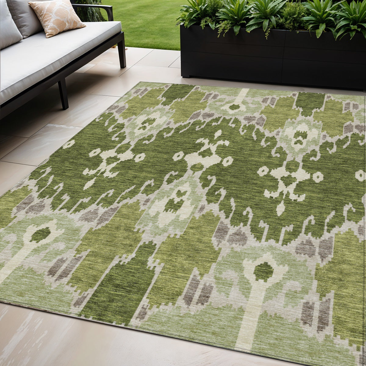 5' X 8' Olive Green And Artichoke Green Ikat Washable Indoor Outdoor Area Rug - Outdoor