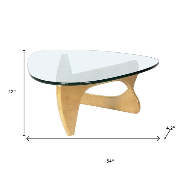 54" Clear and Natural Glass and Wood Triangle Abstract Coffee Table Default Title