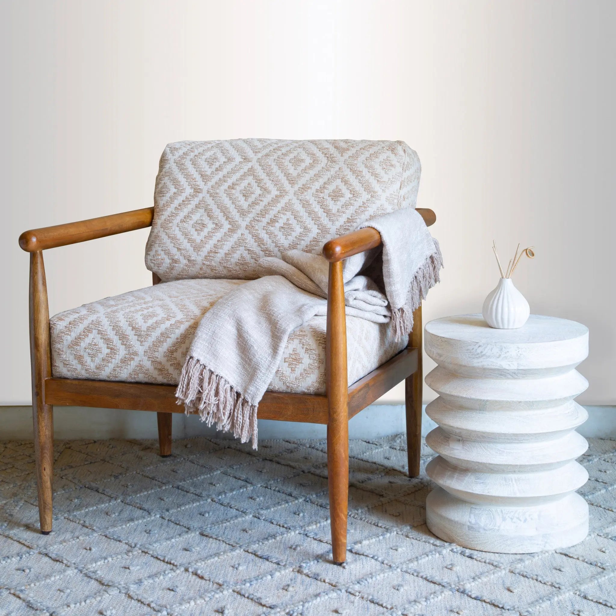 28" Beige and Brown Solid Wood Geometric Arm Chair Homeroots Living Room