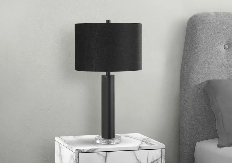 28" Black Metal and Acrylic Cylinder Table Lamp With Black Drum Shade Homeroots Lighting