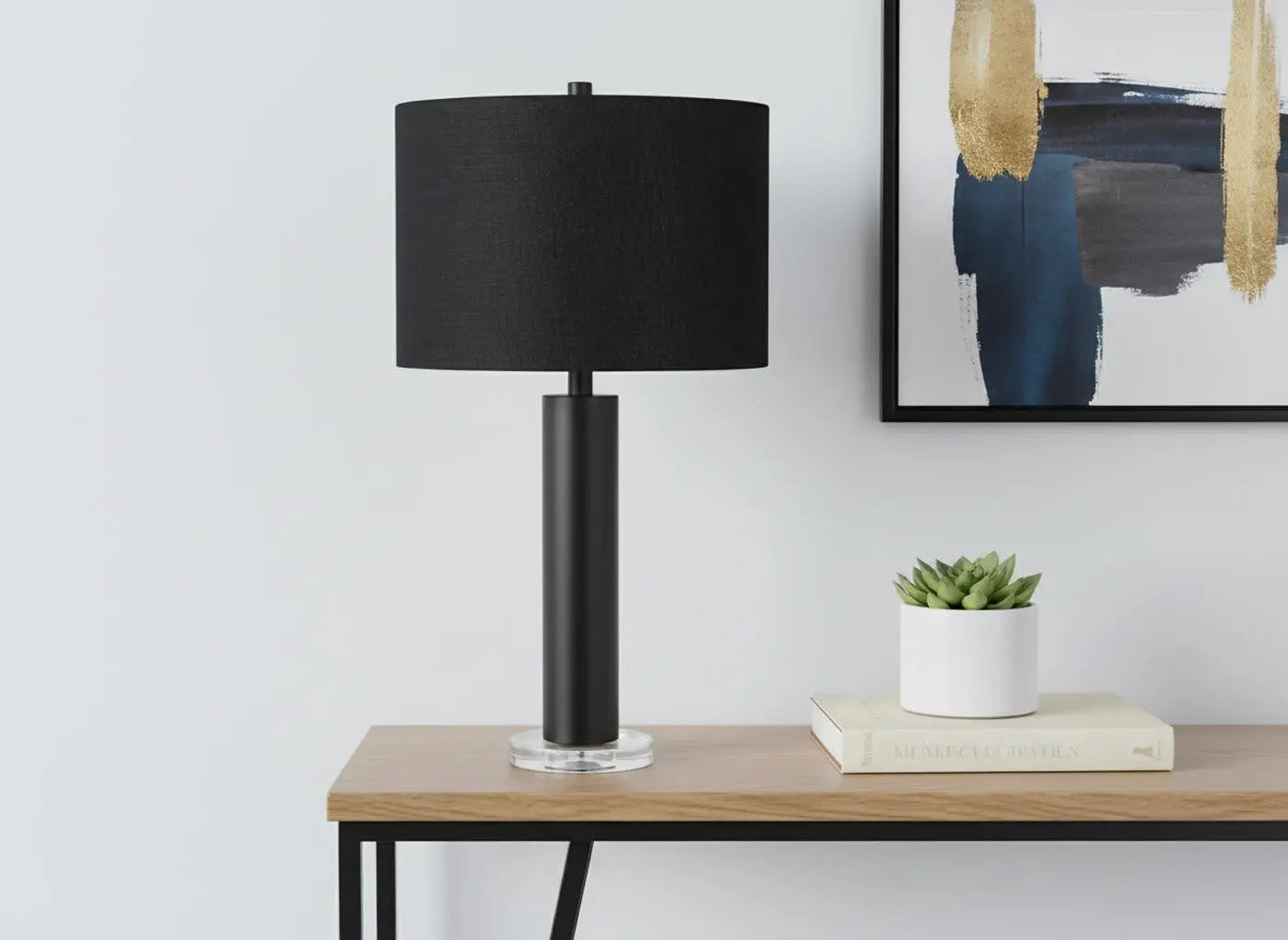 28" Black Metal and Acrylic Cylinder Table Lamp With Black Drum Shade Homeroots Lighting