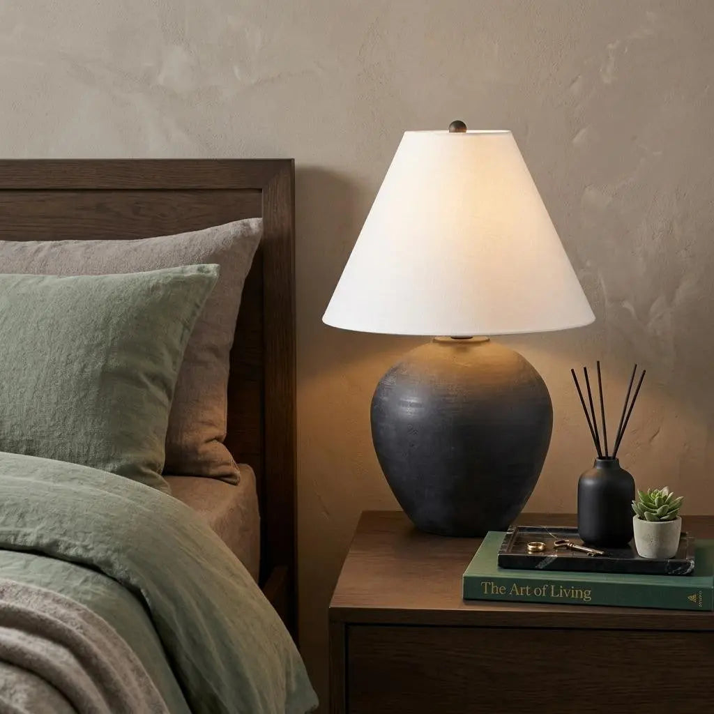 Ceramic table lamp with a matte black finish and white shade, styled beside a bed with green linen bedding.